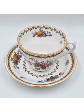 Spode Rockingham Set of 4 Footed Cup & Saucer Set Pink Flowers Geometric Trim